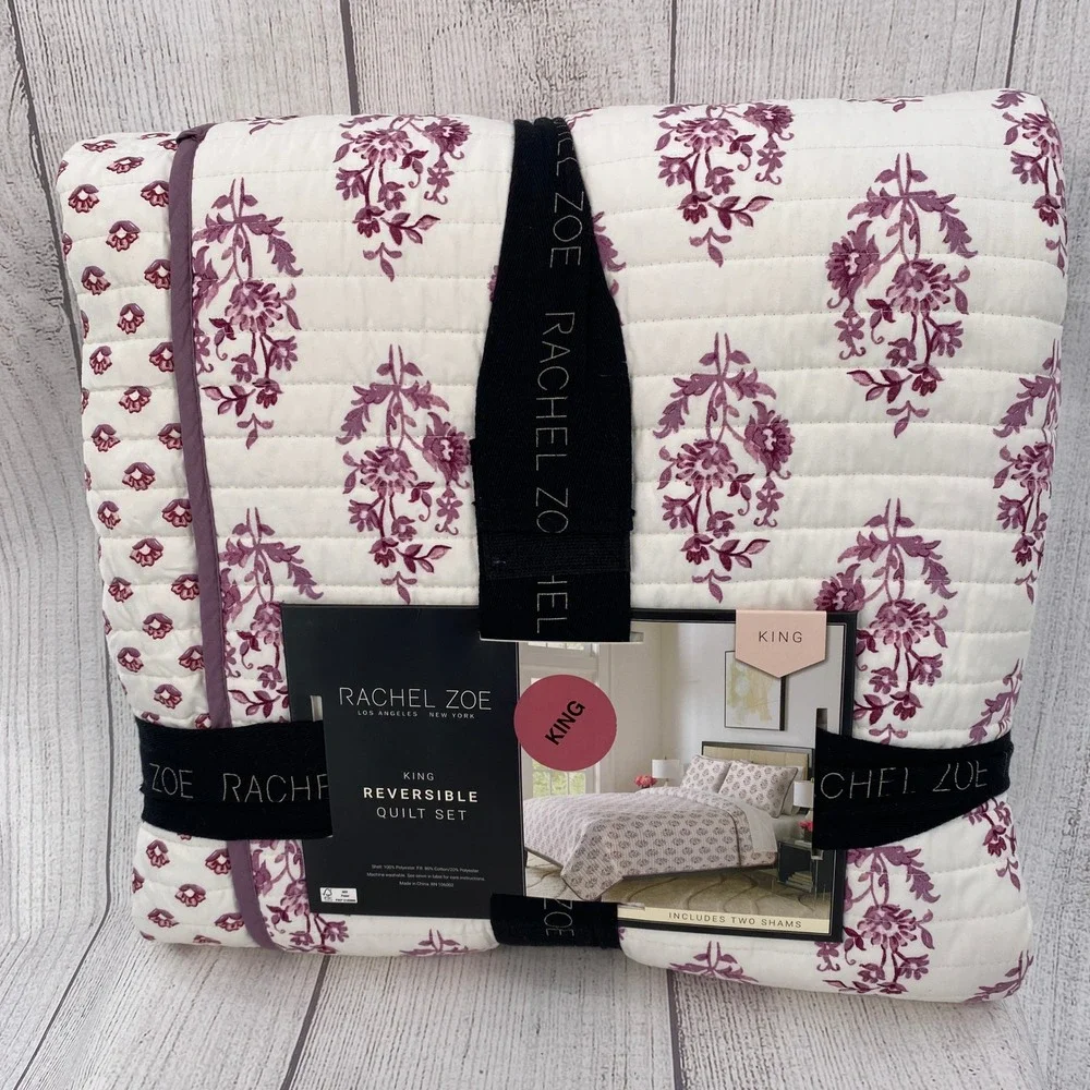 Rachel Zoe Reversible Quilt Set King Cream Plum Purple Floral Block Print 3pc